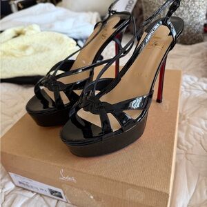Christian Louboutin Black Patent Platform Slingback Heels with Red Soles